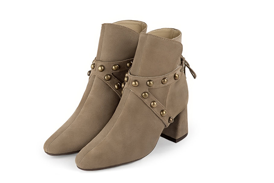 Tan beige women's ankle boots with laces at the back. Round toe. Medium flare heels. Front view - Florence KOOIJMAN